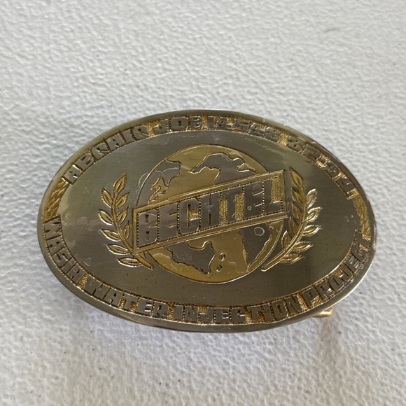 Vtg 1982-84 Bechtel Silver Gold Tone Belt Buckle Wasia Water Injection Project